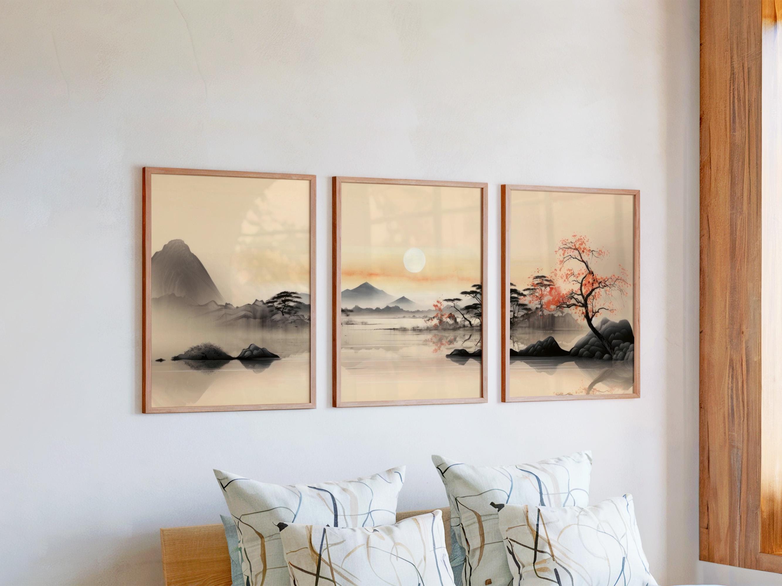 Set of 3 Light & Airy Wall Art, Bright Japandi Landscape Triptych