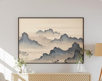 Wohnzimmer Zen Berg Kunst, Schlafzimmer Dekor Landschaft Druck, Minimalistische Japanische Sumi-e Premium Matte Papier Wand Kunst, Wohnkultur -A