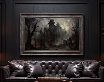 May include: A framed painting depicting a gothic castle in a dark, misty forest. The artwork is in a rectangular, silver-toned frame, hanging above a tufted leather sofa with several dark pillows. The scene evokes a sense of mystery.