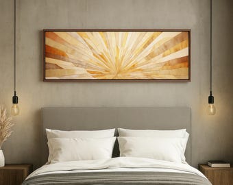 Bedroom Wall Art Above Bed, Japandi Style Decor for Serene Spaces, Minimalist Sunburst Painting, Boho Abstract Framed Canvas for Entryway