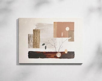 May include: Abstract painting on canvas featuring geometric shapes and organic elements. The artwork includes brown, beige, and white tones, with a branch and leaf design. The painting has a minimalist aesthetic.
