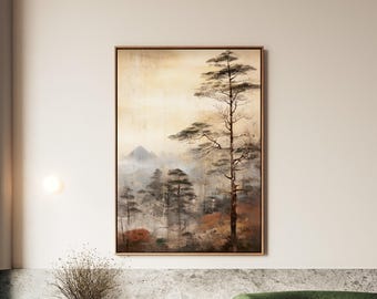 Extra Large Japandi Landscape Framed Canvas, Portrait Japanese Pine Tree Art, Wabi Sabi Wall Decor, Neutral Beige and Gold Float Frame
