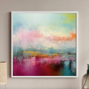 Puede incluir: Pintura abstracta con un esquema de color rosa, azul y amarillo. La pintura representa un paisaje con un cielo brumoso y un horizonte colorido.