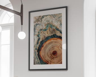 Large Agate and Wood Art Poster, Oversized Nordic Tree Ring Print on Textured Paper, Vertical Teal and Gold Abstract, Portrait Decor
