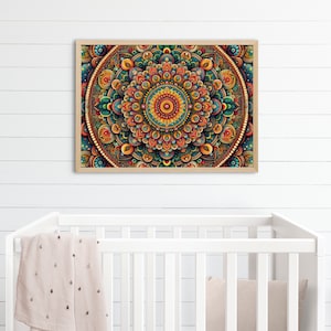 May include: A framed print of a colorful mandala with intricate details in shades of blue, green, orange, and yellow. The mandala is surrounded by a gold border.