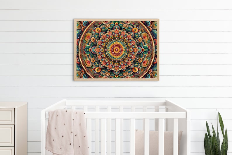 May include: A framed print of a colorful mandala with intricate details in shades of blue, green, orange, and yellow. The mandala is surrounded by a gold border.