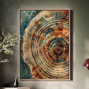 以下が含まれることがあります： 青、茶色、金色の濃淡で同心円状の円形パターンが特徴の抽象的な壁画プリント。木の幹の断面を思わせる。