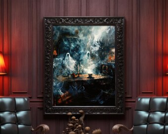 Vintage Halloween Art Print, Spooky Ghost Painting on Matte Paper, Gothic Wall Decor, Dark Academia Portrait, Haunted House Artwork for Home