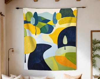 Boho Bedroom Tapestry, Entryway Wall Art, Living Room Wall Hanging, Abstract Scandinavian Summer Landscape, Minimalist Nordic Fabric Art
