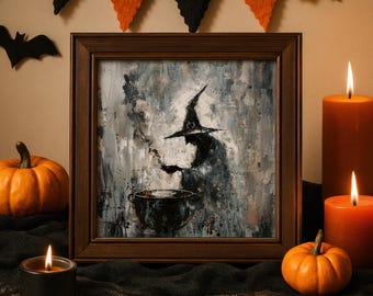 May include: A framed Halloween-themed artwork depicts a witch stirring a cauldron. The painting is in shades of gray, black, and white, with a dark brown frame. Orange pumpkins and candles with lit flames are arranged around the artwork, creating a spooky ambiance.