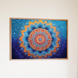 Dekoracja ścienna do sypialni, wydruk artystyczny w kąciku zen, dekoracja kącika do czytania, grafika nad kanapą, matowy papier w kolorze niebiesko-złotym z mandalą niebiańską