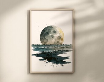 Japanese Moon Art, Minimalist Wall Art, Watercolor Wall Art Poster, Celestial Moon Decor, Japan Minimalist Art, Zen Style Moon Art
