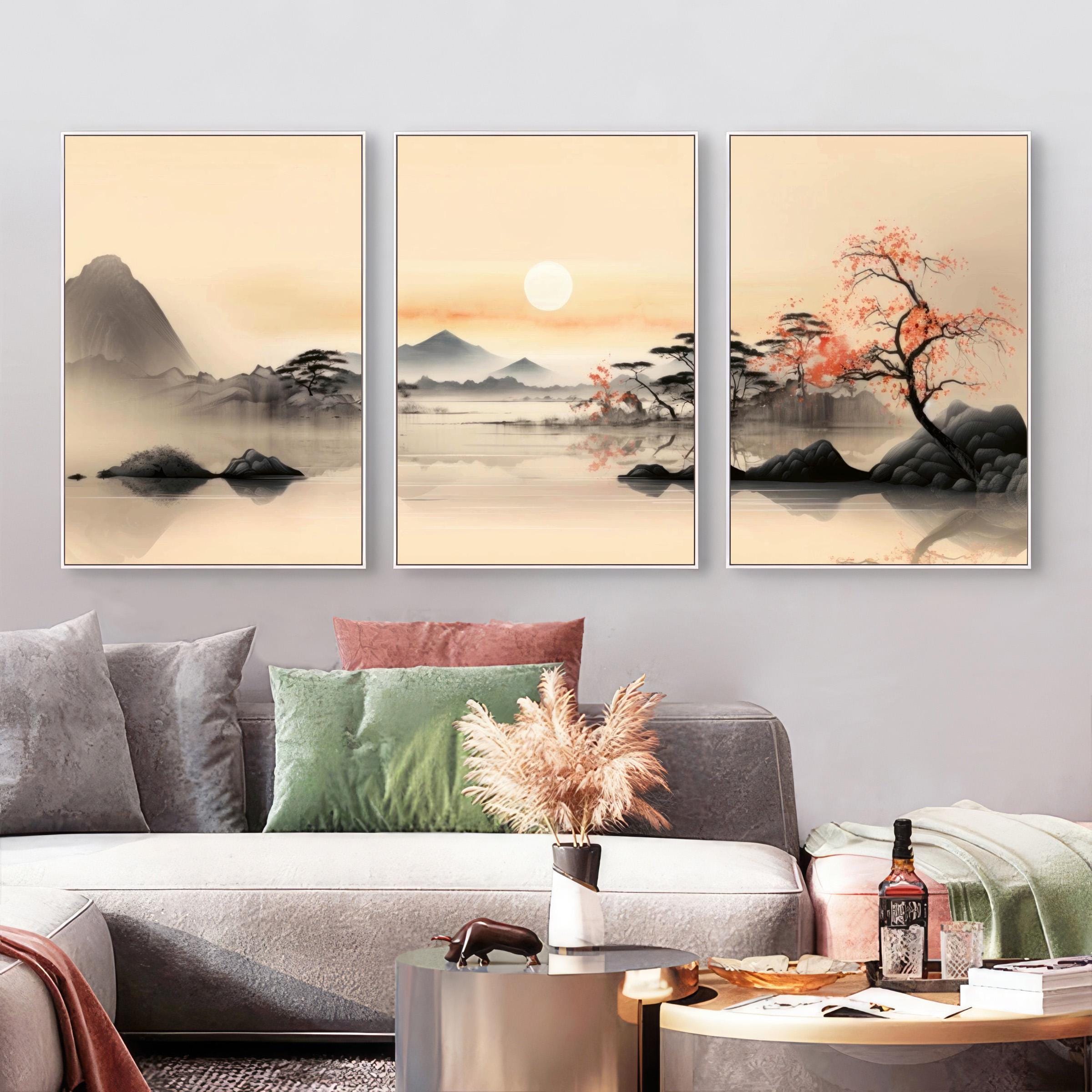 Set of 3 Light & Airy Wall Art, Bright Japandi Landscape Triptych