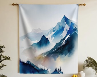 Mountain Tapestry, Serene Landscape Wall Hanging, Watercolor Art Print, Blue and Peach Bohemian Decor, Fabric Wall Art for Living Room