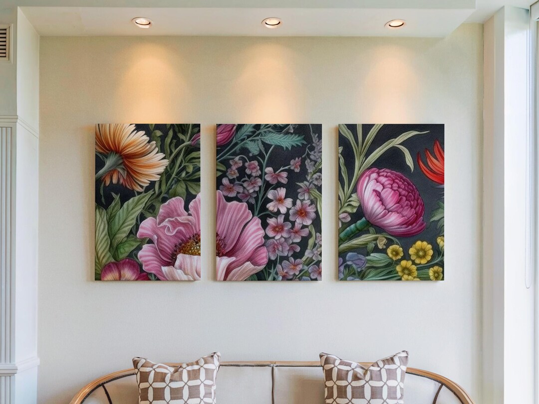 Set of 3 Gardener Gift Wall Art, Botanical Flower Triptych Prints, Dark ...