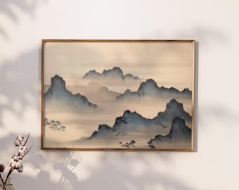Beruhigende Zen-Gebirgskette Wandkunst, minimalistischer japanischer Sumi-e Landschaftsdruck, ruhige Natur Premium matt Papierdekor, Wanddekor