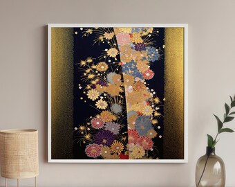 Vibrant Chrysanthemum Japanese Kimono Fabric Design Art Print, Opulent Floral Indigo Gold Pink Ivory, Premium Matte Paper Square Poster