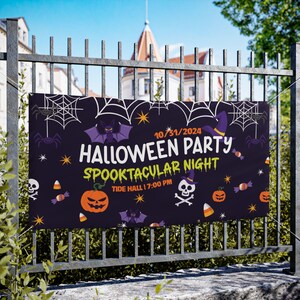 May include: A black Halloween party banner with white spiderwebs, bats, and pumpkins. The banner reads "Halloween Party Spooktacular Night" with the date 10/31/2024 and the time 7:00 PM.
