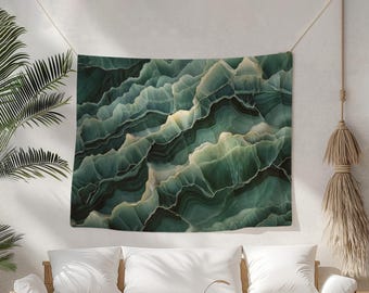 Polyester Tapestry, High Quality Print, Faux Luxury Fabric, Durable Wall Hanging, Modern Art Tapestry, Hemmed Edge Decor, Abstract Green Art