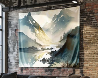 Mountain Lake Tapestry, Watercolor Wall Hanging, Tranquil Nature Art, Blue Gold Wall Decor, Landscape Fabric Tapestry, Boho Wall Art Decor