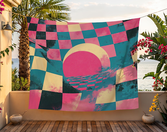 Durable Polyester Tapestry, Crisp Detail Wall Art, Hemmed Edge Wall Hanging, Abstract Sun Decor, Retro Checkerboard, Saturated Color Print