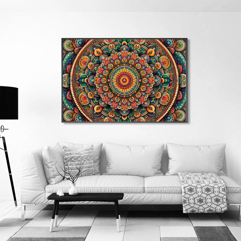 May include: A colorful mandala with intricate details in shades of blue, green, orange, and red. The mandala is surrounded by a border of white beads.