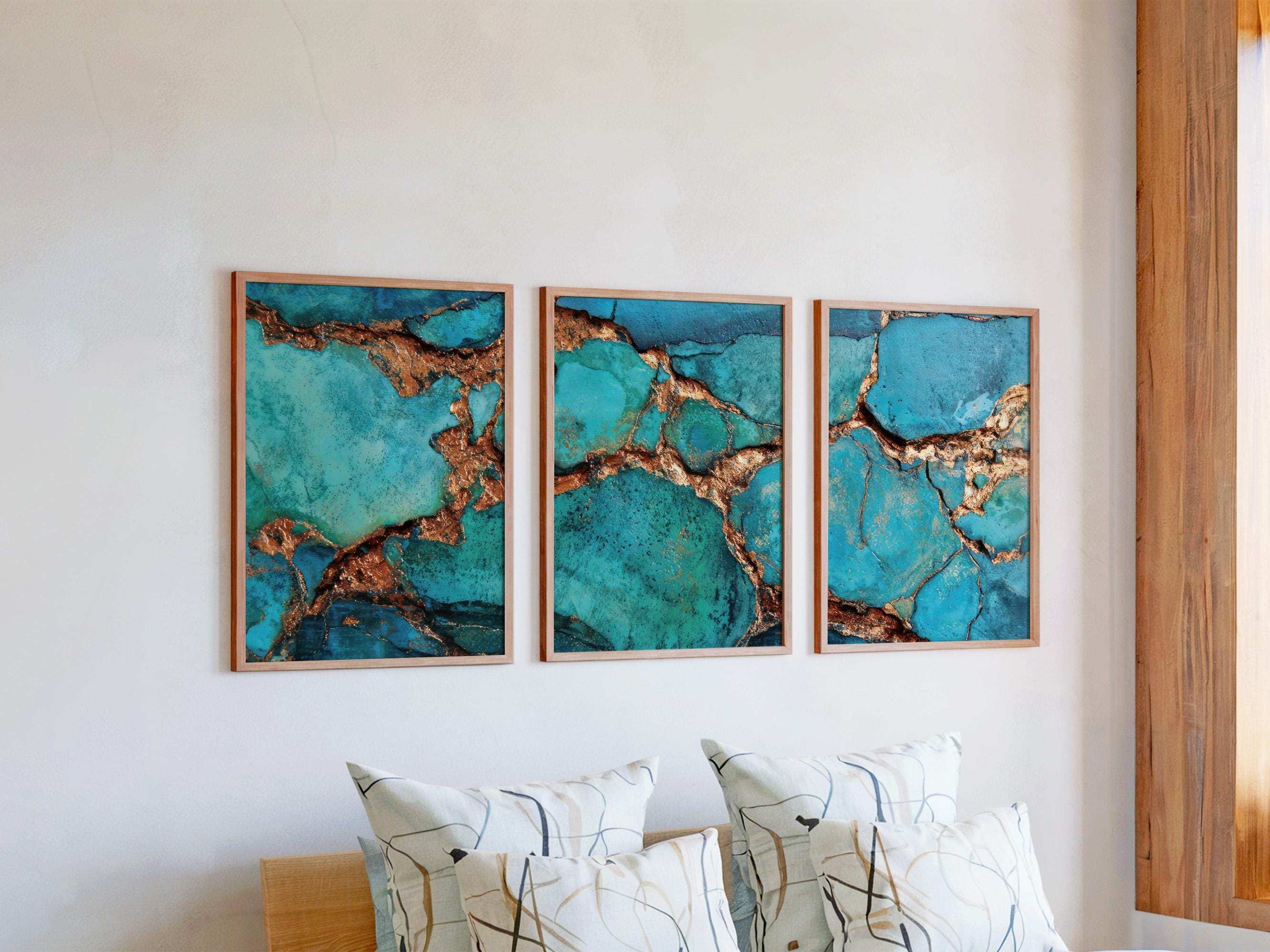 Set of 3 Kintsugi Style Wall Art, Turquoise & Copper Fracture