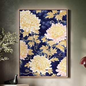 Framed Canvas Japanese Art, Floater Canvas Wall Art, Original Art On Canvas, Vintage Kimono Pattern Art, Botanical Print, Japan Floral Art