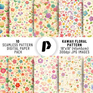 Cute Floral Digital Paper, Kawaii Style Flower Seamless Pattern, Pastel Nature Background, Whimsical Garden Scrapbook, Sweet Craft Prints
