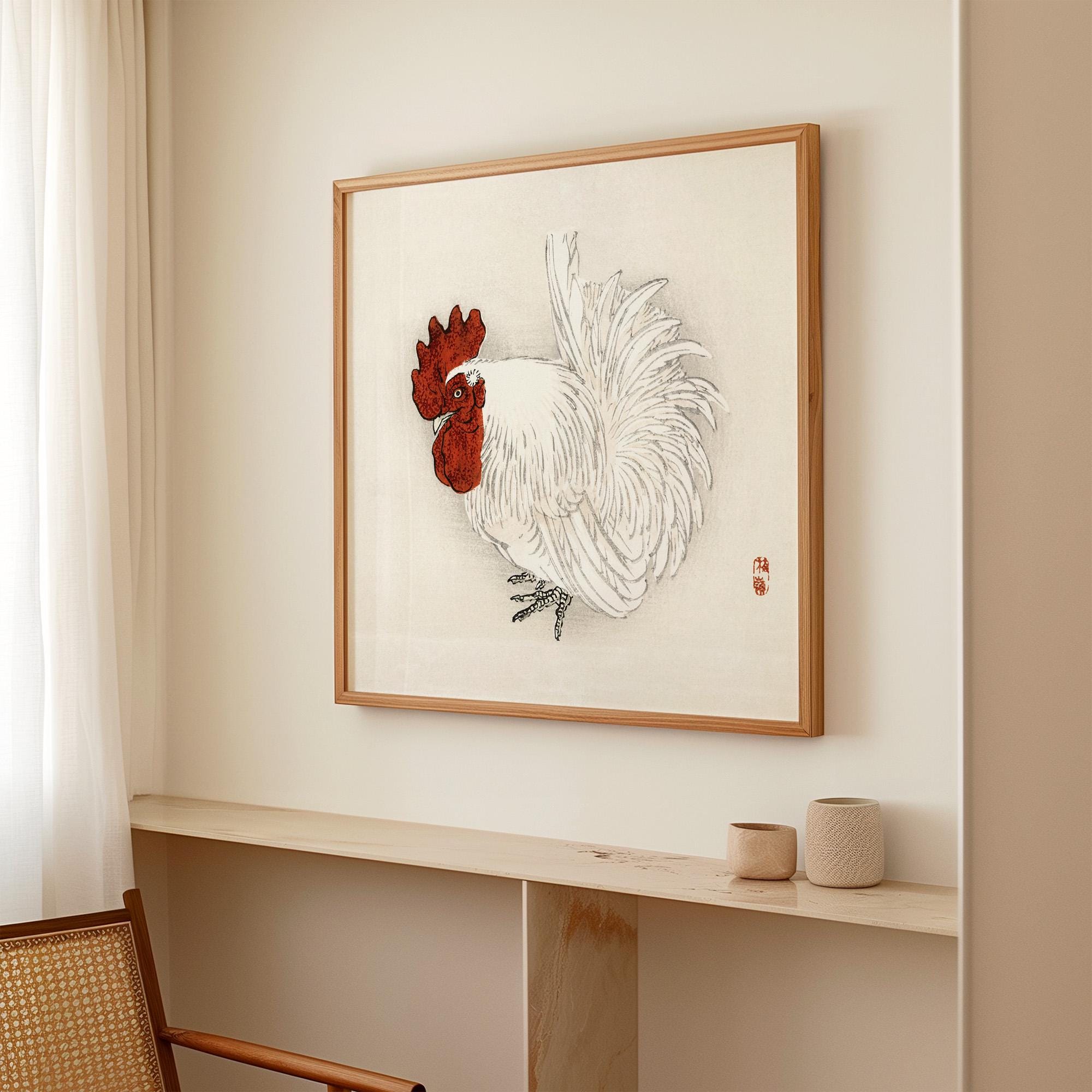Japanese Rooster Art Print, Traditional Style Square Matte Paper Poster ...