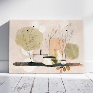 May include: Abstract art print featuring a still life composition. The artwork showcases a neutral color palette with beige, olive green, and peach tones. It depicts stylized bowls, vases, and delicate botanical elements, creating a serene and minimalist aesthetic.