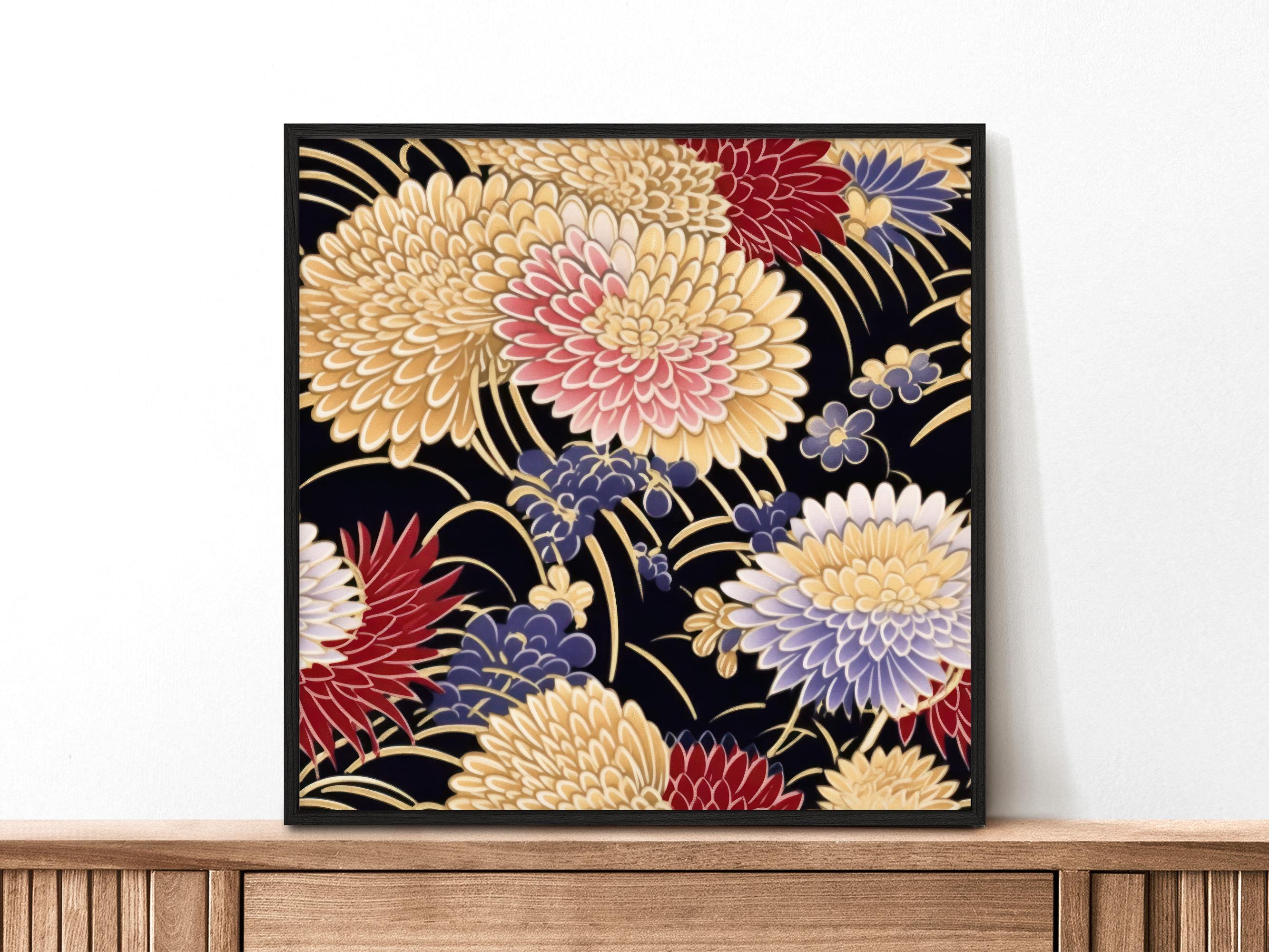 日本の額入りアート、額入りオリジナルアート、着物風日本の花のアート