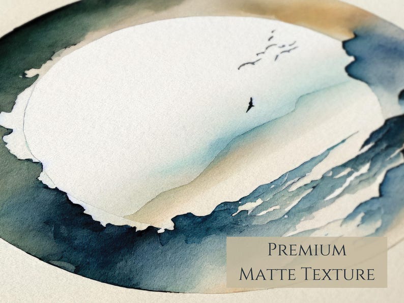 May include: Watercolor painting of a coastal landscape with a white oval in the center, surrounded by blue and beige tones. The image includes flying birds and the text "PREMIUM MATTE TEXTURE".