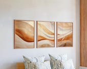 Set of 3 Bedroom Wall Decor Prints, Warm Neutral Art Triptych, Soft Flowing Curve Decor, Abstract Boho Gallery Set for Master Suite