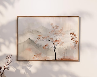 May include: A framed watercolor painting depicting a misty mountain landscape with a single tree in the foreground. The tree has delicate branches with orange and brown leaves. The mountains are painted in shades of gray and blue, with hints of pink and orange.