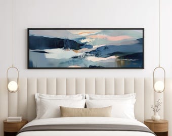 Nordic Abstract Wall Art, Minimalist Framed Canvas, Long Landscape Painting for Living Room, Modern Japandi Home Decor, Serene Blue Wall Art