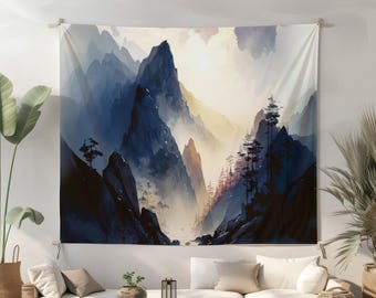 Mountain Art Tapestry, Statement Fabric Wall Hanging, Abstract Landscape Wall Decor, Modern Living Room Art, Serene Nature Scenery