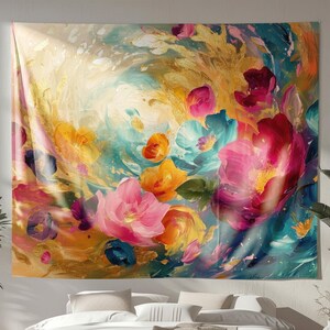 Abstract Floral Tapestry, Original Art on Tapestry, Vibrant Wall Hanging, Elegant Tapestry, Nature Indoor Wall Tapestry, Abstract Decor