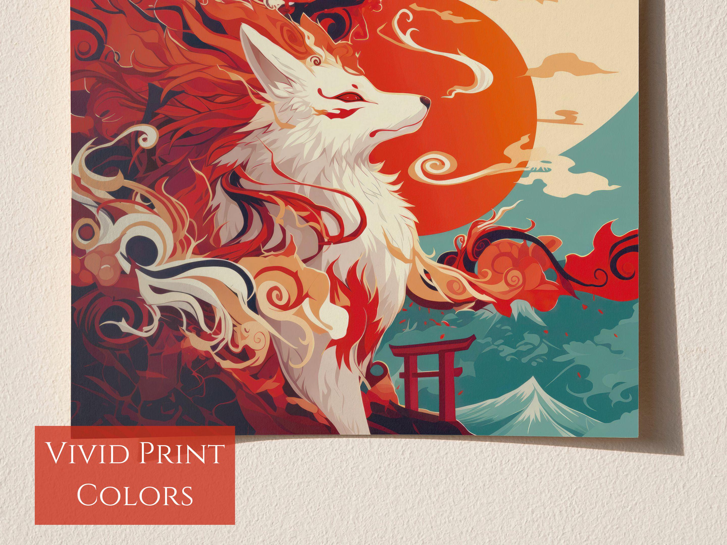 Mystical Nine-tailed Fox Print, Ethereal Japanese Folklore Square