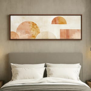 Décoration murale au-dessus du lit, oeuvre d'art horizontale longue pour le salon, oeuvre d'art abstrait bohème pour le vestibule, toile encadrée géométrique neutre, impression tons ocre