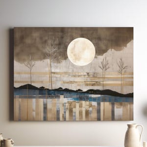 May include: Abstract landscape art print featuring a large, full moon in a muted color palette. The artwork includes stylized trees, a dark horizon line, and vertical and horizontal stripes in shades of beige, blue, and brown.