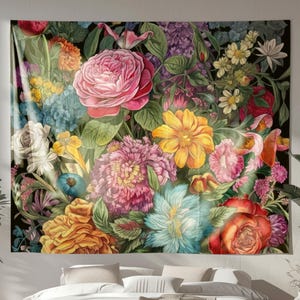 Botanical Tapestry, Original Art on Tapestry, Vintage Style Wall Hanging, Flower Bouquet Tapestry, Floral Indoor Wall Tapestry