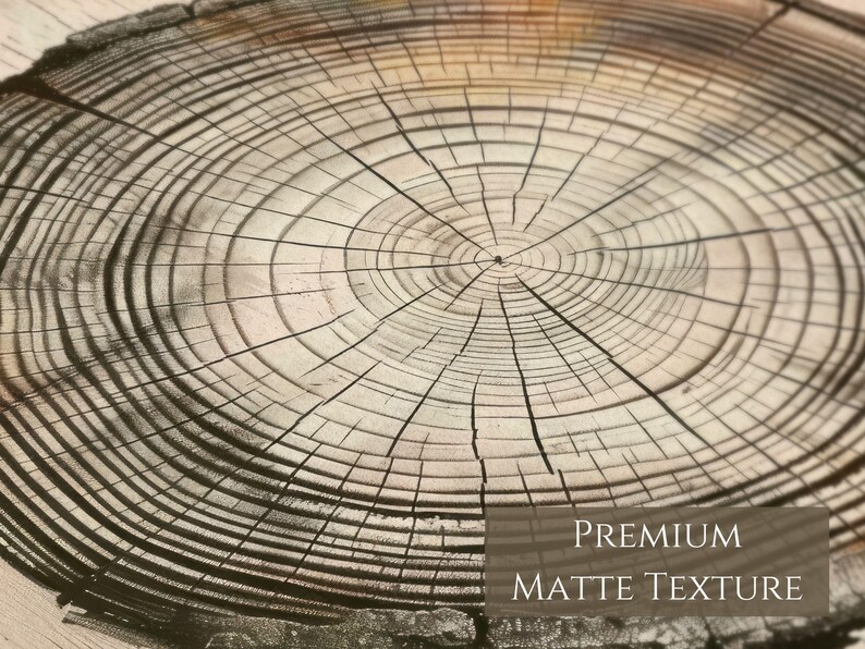 Pode incluir: Close-up de uma textura de gr&atilde;o de madeira com c&iacute;rculos conc&ecirc;ntricos, que se assemelha a uma se&ccedil;&atilde;o transversal de tronco de &aacute;rvore. A madeira tem uma cor marrom clara com linhas marrons mais escuras. O texto "PREMIUM MATTE TEXTURE" est&aacute; na parte inferior da imagem.