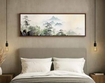Framed Canvas Japandi Art, Panoramic Art On Framed Canvas, Long Horizontal Wall Art, Floater Canvas Wall Art, Japanese Canvas Art Piece