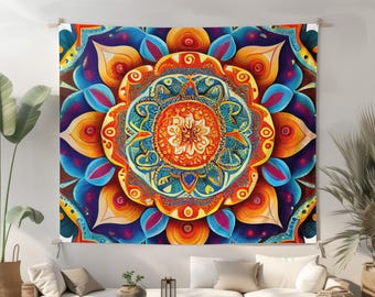 Polyester Fabric Tapestry, Vibrant Dye Print Wall Art, Durable Wall Hanging, Quality Boho Decor, Hemmed Edge Tapestry, Colorful Home Gift