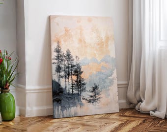 Op de afbeelding: Een landschapsschilderij met een bos van hoge, donkere bomen op een rotsachtige uitloper, met een zachte, aquarel-achtige achtergrond van perzik- en blauwtinten. Het kunstwerk wordt getoond op een canvas dat tegen een witte muur leunt.