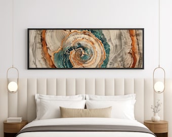 Nordic Tree Ring Wall Art, Scandinavian Abstract Framed Canvas, Modern Blue and Brown Wood Slice Print, Long Landscape Forest Home Decor