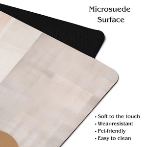 May include: A microsuede surface with a beige and brown abstract design. The image includes the text "Microsuede Surface" and bullet points: "Soft to the touch", "Wear-resistant", "Pet-friendly", and "Easy to clean".