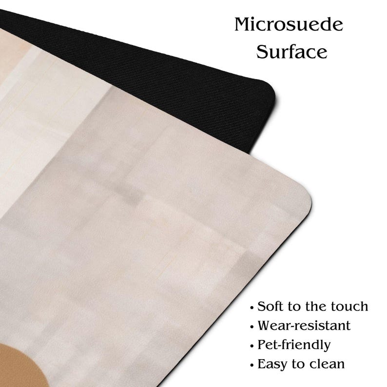May include: A microsuede surface with a beige and brown abstract design. The image includes the text "Microsuede Surface" and bullet points: "Soft to the touch", "Wear-resistant", "Pet-friendly", and "Easy to clean".