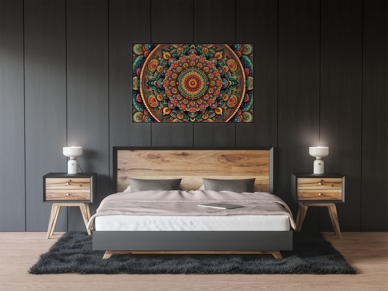 May include: A bedroom interior with a wooden bed frame and a white duvet. A colorful mandala print hangs above the bed. Two wooden nightstands with lamps are on either side of the bed.